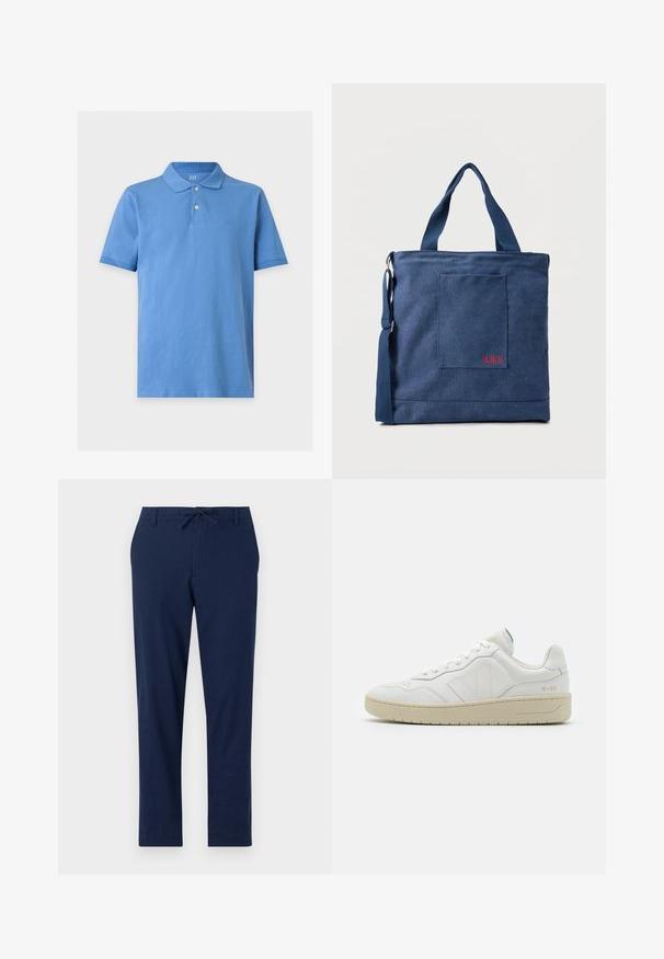 Polo bleu à manches courtes avec col, deux boutons et logo GAP discret sur la poitrine, présenté sur un fond uni.; Pantalon bleu marine en matériau léger avec une taille à cordon de serrage et des jambes fuselées, doté de poches avant et arrière.; Baskets en cuir blanc avec une finition texturée et un col rembourré. Elles sont dotées d'une semelle en caoutchouc beige et d'une discrète branding sur le talon et le côté.; Sac fourre-tout en toile bleue avec poche frontale et broderie rouge "O.N.S", doté de doubles poignées et d'une bandoulière réglable.