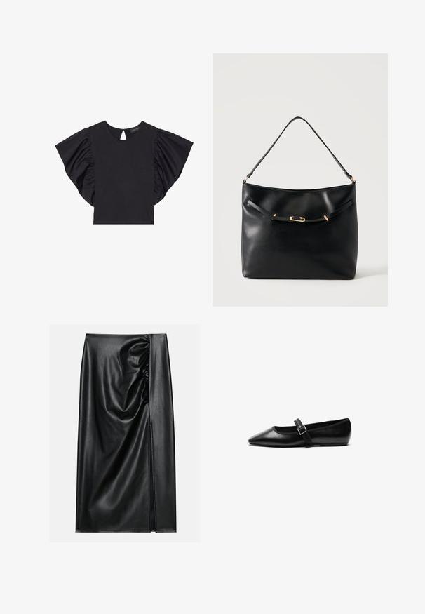 Top corto negro de manga corta con mangas rizadas dramáticas, escote redondo y detalle de abertura en la parte posterior. Material suave.; Falda de cuero negro con una textura suave, con una sección fruncida en un lado y una abertura lateral para añadir detalle.; Zapato plano negro de cuero con punta afilada, correa ajustable con hebilla de metal, textura suave y diseño minimalista.; Bolso de hombro de cuero negro con una sola correa y un pequeño detalle de hebilla dorada en la parte delantera sobre un fondo claro y liso.