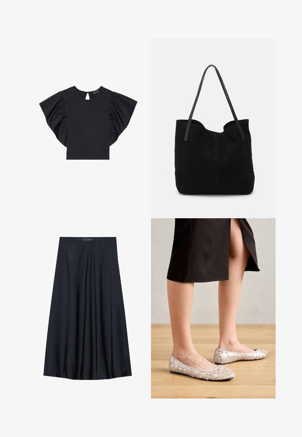 Haut noir à manches courtes avec des manches à volants spectaculaires, un col rond et un détail en forme de clé à l'arrière. Matière douce.; Jupe noire, arrivant aux genoux, en tissu léger avec un design fluide. Présente une texture lisse et de subtils plis pour un détail supplémentaire.; Ballerines en sequins beiges avec un bout rond, ornées d'un accent nœud, associées à une jupe noire, exposées sur un sol en bois.; Sac fourre-tout en suède noir avec deux longues anses en cuir plates. Présente un bord supérieur incurvé et des coutures visibles sur le devant. Pas d'accents en métal.