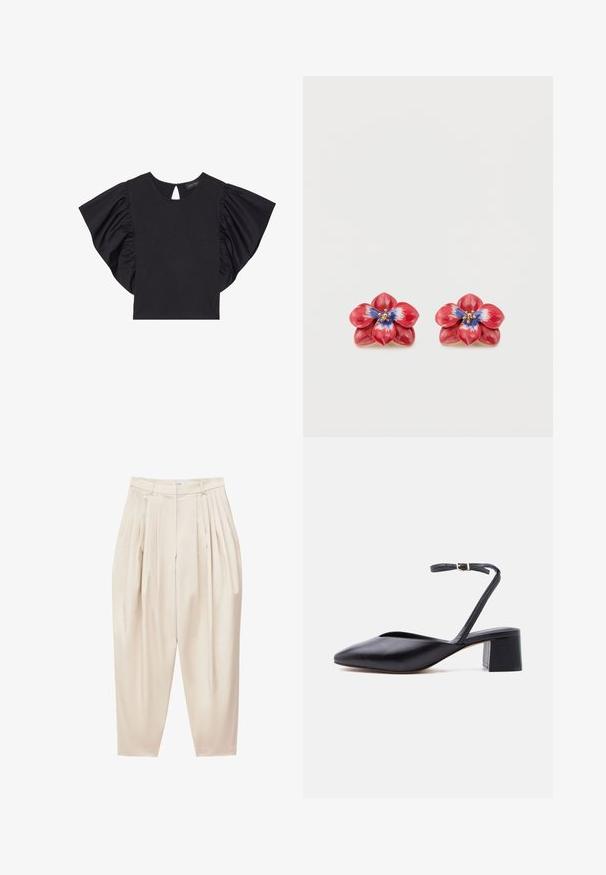 Top corto negro de manga corta con mangas rizadas dramáticas, escote redondo y detalle de abertura en la parte posterior. Material suave.; Pantalones plisados beige de talle alto con piernas cónicas y cierre frontal de cremallera.; Zapato negro de cuero con tacón bajo y bloque, punta puntiaguda y delgada correa en el tobillo con hebilla dorada sobre fondo claro.; Par de pendientes rojos esmaltados en forma de flor con detalles en azul y blanco en los pétalos y pequeños centros con cuentas doradas sobre un fondo blanco.
