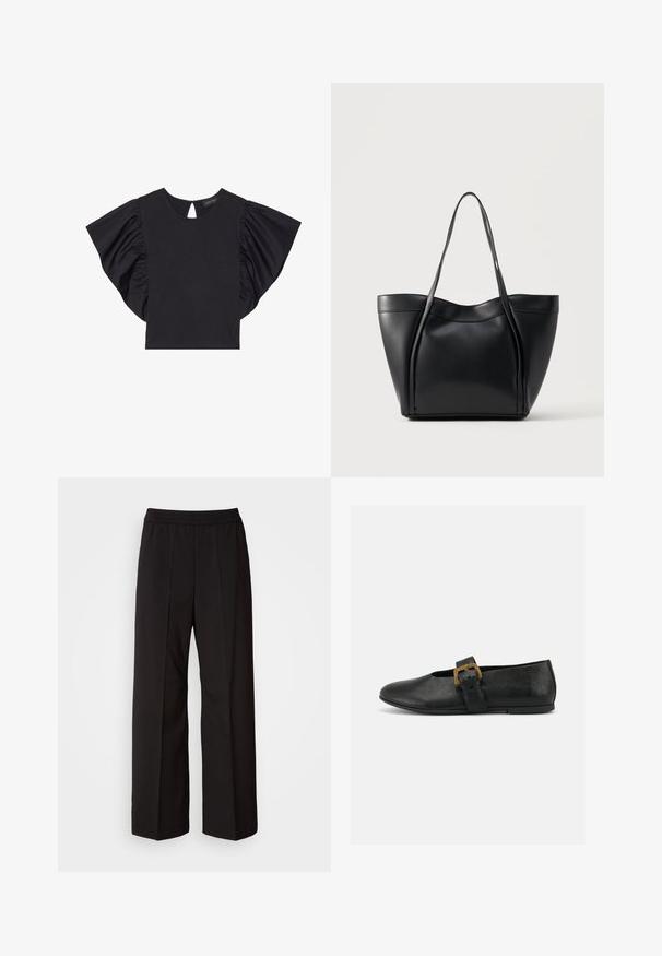 Haut noir à manches courtes avec des manches à volants spectaculaires, un col rond et un détail en forme de clé à l'arrière. Matière douce.; Pantalons larges noirs avec un design plissé, une taille élastique et une texture de tissu lisse. Convient à diverses occasions.; Chaussure plate en cuir noir avec une large bride et une grande boucle dorée sur un fond blanc uni.; Sac cabas en cuir noir avec deux longues anses et un bord supérieur légèrement incurvé, présenté sur un fond clair uni.
