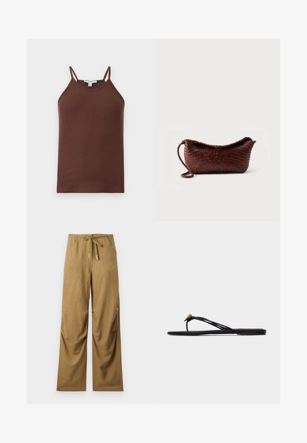Débardeur marron côtelé avec fines bretelles doubles et encolure légèrement arrondie, présenté à plat sur un fond clair.; Pantalon marron à jambes larges avec poches avant et ceinture à nouer à la taille, en tissu léger.; Sandale plate noire en forme de tongs avec plusieurs fines lanières et une petite déco dorée en forme de larme sur la lanière avant.; Sac à main en cuir tressé marron avec une bandoulière unique et un dessus incurvé sur fond blanc uni.