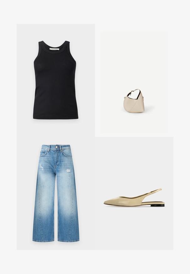 Sort ribbet tanktop med rund halsudskæring og brede stropper, lavet af blødt stof. Ingen synlige mønstre eller hardware-detaljer.; Lyseblå denimjeans med vide ben, let slitage på låren foran og klassisk femlomme-design.; Beige spids tå slingback flad sko med lav sort hæl og en glat læderfinish, vist fra siden på en ensfarvet baggrund.; Beige læder håndtaske i halvmåneform med en enkelt skulderrem og minimal syning, sat mod en ensartet hvid baggrund.