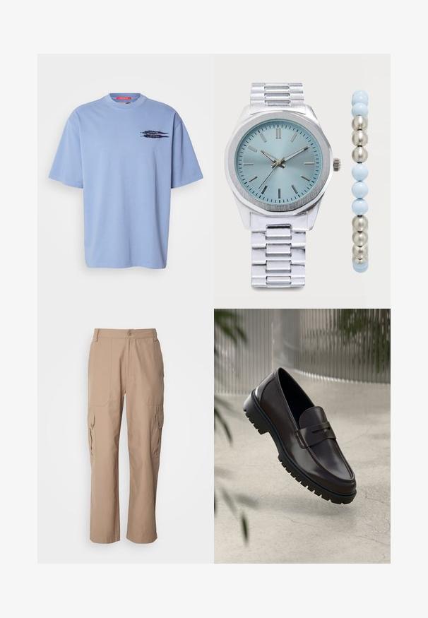 Lyseblå t-shirt med korte ærmer lavet af bomuld. Har en rund halsudskæring og et sort grafisk motiv af pile på den venstre brystområde.; Khaki cargo shorts lavet af letvægtsstof, med to sidelommer, knaplukning og lige ben-design.; Brune læder loafers med en tekstureret, rippet gummisål. Har et slankt design og et dekorativt bånd over vristen.; Sølv metal armbåndsur med lyseblåt urskive og matchende sølv og blå perlearmbånd på hvid baggrund.