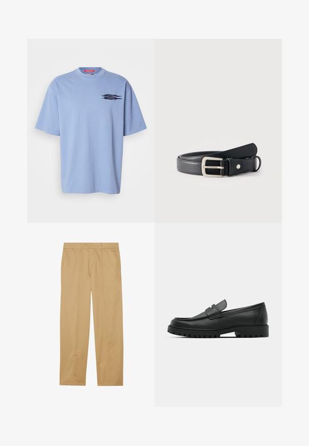 Lyseblå t-shirt med korte ærmer lavet af bomuld. Har en rund halsudskæring og et sort grafisk motiv af pile på den venstre brystområde.; Khaki bukser lavet af glat stof, med lige ben-design, to forlommer og rene, minimalistiske syninger.; Sorte læder loafers med rund tå, der har et syet design, lav platformssål og en struktureret, skridsikker gummisål.; Sort læderbælte med sølvfarvet rektangulært spænde, snoet på en ensfarvet hvid baggrund.
