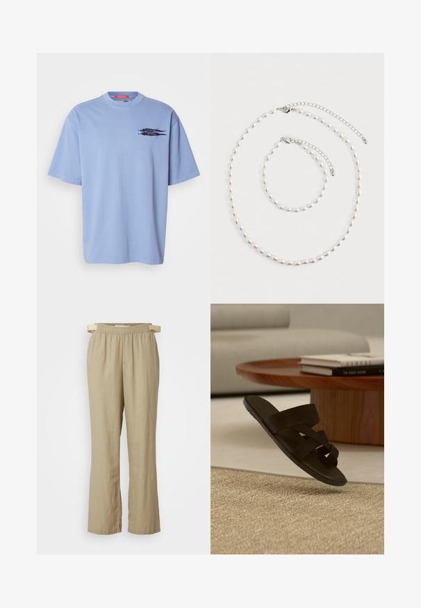 Hellblaues T-Shirt mit kurzen Ärmeln aus Baumwolle. Verfügt über einen Rundhalsausschnitt und ein schwarzes Grafikdesign von Pfeilen auf der linken Brustseite.; Beige, weite Hosen aus leichtem Stoff. Elastischer Bund mit Bindeband. Mit Vordertaschen und geraden Beinen.; Schwarze offene Zehen-Sandale mit gekreuzten Riemen, die über einem beigen strukturierten Teppich in einem modernen Wohnzimmer schwebt.; Perlenkette und passendes Armband mit Silberkettenverschlüssen auf einem weißen Hintergrund arrangiert.