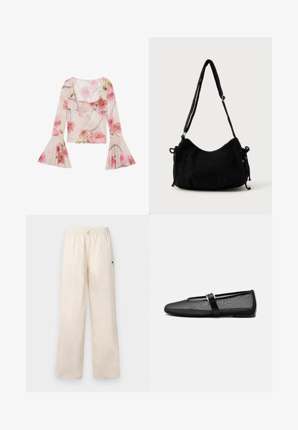 Blusa floral hecha de tela transparente, con mangas de campana, cuello con volantes, patrones de rosas rosas y un diseño ligero y aireado.; Pantalones de pierna ancha de color beige claro con una cintura elástica y cordón. Presenta un pequeño logo negro en el costado. Textura suave.; Bailarina negra de malla con punta redonda y correa ajustable estilo Mary Jane con hebilla plateada, sobre un fondo liso gris claro.; Bolso de hombro de pana negra con forma curva, correa ajustable y cierres de cordón en ambos lados para ajustar el tamaño.