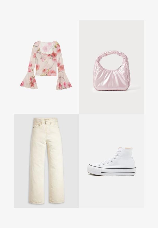 Blusa floral hecha de tela transparente, con mangas de campana, cuello con volantes, patrones de rosas rosas y un diseño ligero y aireado.; Pantalones vaqueros de pierna ancha en denim color blanco roto, con cintura alta, remaches de cobre y diseño clásico de cinco bolsillos. Tejido texturizado con dobladillos limpios.; Zapatillas altas blancas de material de lienzo, con suela de goma negra y una franja negra en el mediopie. Punta circular y diseño de cordones.; Bolso de mano acolchado en color rosa con un diseño redondeado, fabricado en material brillante. Presenta un asa fruncida y un cierre de cremallera para un acceso seguro.
