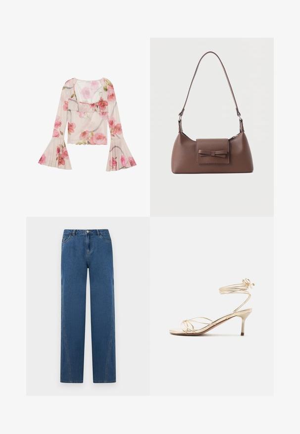 Blusa floral hecha de tela transparente, con mangas de campana, cuello con volantes, patrones de rosas rosas y un diseño ligero y aireado.; Jeans de denim azul con un diseño de pierna recta, que cuentan con cinco bolsillos, un cierre de botón en la parte delantera y detalles de costura a lo largo de las costuras.; Sandalia dorada de tiras con un tacón bajo de aguja y correas alrededor del tobillo que se atan con un lazo sobre un fondo blanco.; Bolso bandolera de cuero marrón con un bolsillo frontal de solapa que presenta un detalle de moño cosido y una correa ajustable.