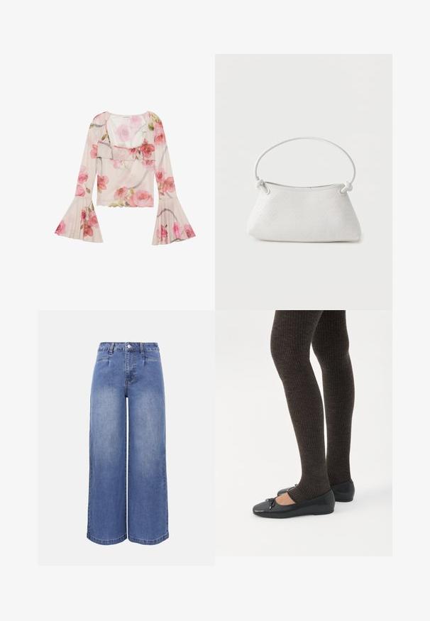 Blusa floral hecha de tela transparente, con mangas de campana, cuello con volantes, patrones de rosas rosas y un diseño ligero y aireado.; Vaqueros de mezclilla azul de talle alto y pierna ancha con bolsillos delanteros, trabillas para cinturón, cierre de botón y sutiles desvanecidos en las piernas y muslos.; Piernas con leggings oscuros acanalados combinados con bailarinas negras que presentan pequeños detalles de lazo sobre un fondo blanco.; Bolso de mano de cuero blanco tejido con asa redondeada y extremos de la correa anudados, exhibido sobre un fondo liso.