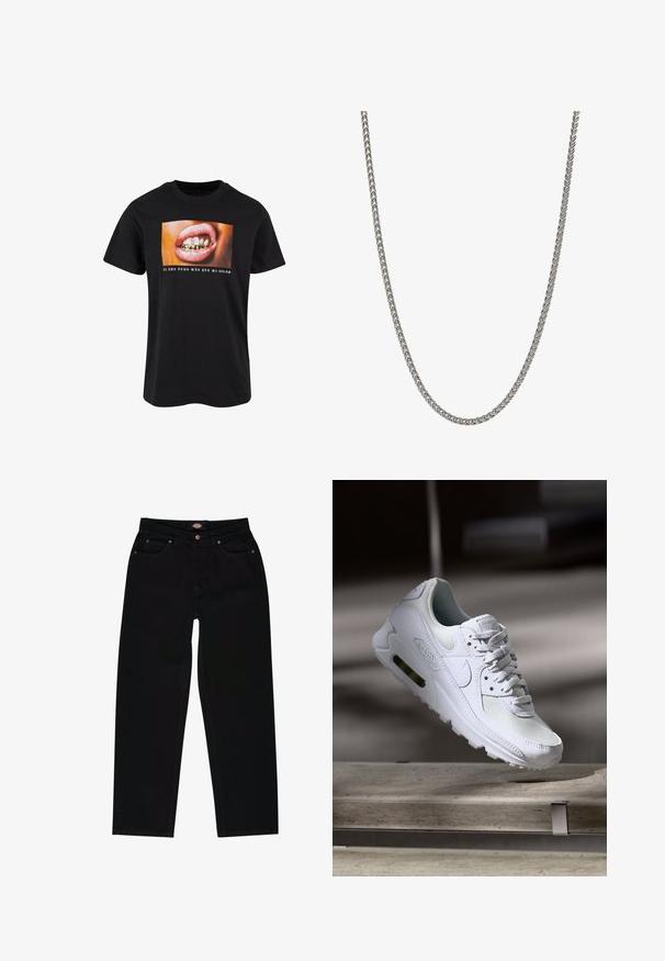 Sort bomulds t-shirt med et grafik af en åben mund med guld tænder og pink læber samt hvid tekst nedenunder på en farverig baggrund.; Sorte denim jeans med lige pasform, der har fem lommer, brun syning og lynlåslukning. Glat tekstur og holdbart materiale.; Hvide Nike Air Max 90 sneakers med en overdel i mesh og læder, perforeret tåboks og en synlig luftenhed i hælen.; Metalkæde halskæde med fletdesign, sølvfarvet, glat tekstur og jævne led, velegnet til forskellige stilarter og anledninger.