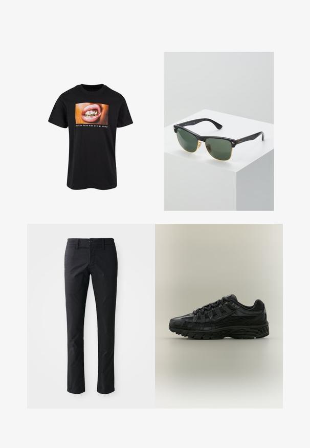 Sort bomulds t-shirt med et grafik af en åben mund med guld tænder og pink læber samt hvid tekst nedenunder på en farverig baggrund.; Sorte lige ben bukser lavet af glat stof med en enkelt knaplukning og bæltestropper. Minimalistisk design uden synlige mønstre.; Sort Nike løbesko med mesh og syntetisk overdel, snørelukning og tekstureret sål, vist fra venstre side på en ensfarvet baggrund.; Ray-Ban solbriller med grønne linser, sorte plastikstel og gyldne detaljer ved kanterne. Firkantet form med mat finish.