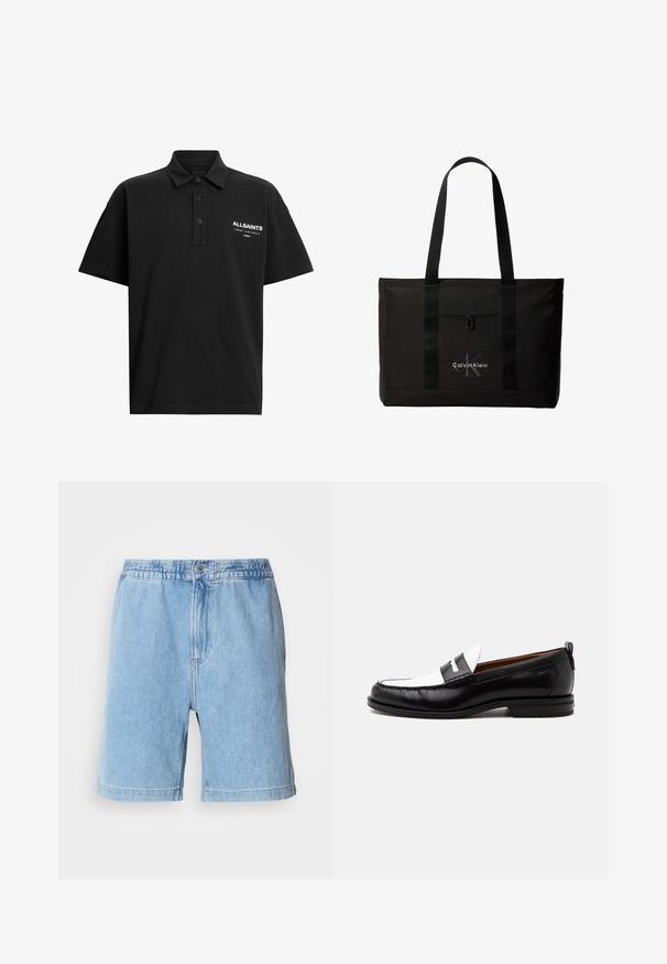 Sort polo-shirt lavet af bomuld med klassisk krave, to knapper og et trykt logo i hvidt på venstre brystområde.; Lys blå denimshorts med elastisk talje, knaplukning foran, sidelommer og lige skæring. Længde til midt på låret.; Sort-hvid læderloafer med syning, lav hæl og slip-on design, vist fra siden på en ensfarvet baggrund.; Sort Calvin Klein tote taske med to lange håndtag og lomme foran, med mærkets logo i hvid og grå.