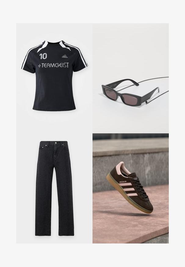 Must must sleevesega jersy, millel on valged triibud, esiküljel on broderitud number "10" ja "+ TEAMGEIST". Valmistatud pehmest ja hingavast materjalist.; Mustad kõrge vöökohaga sirgele jalale teksad, peene leopardi mustriga, ees nupp, tõmblukk ja viie tasku disain.; Tumepruun seemisnahast tennisking roosade detailidega, millel on kolm roosat triipu, tekstuurse tallaga ja küljele paigutatud logoga. Klassikalise madala profiiliga disain.; Kandilised mustad päikeseprillid tumedate läätsedega. Omavad ketti, mis tagab kindla kandmise. Valmistatud kergest plastikust, millel on mati viimistlus.