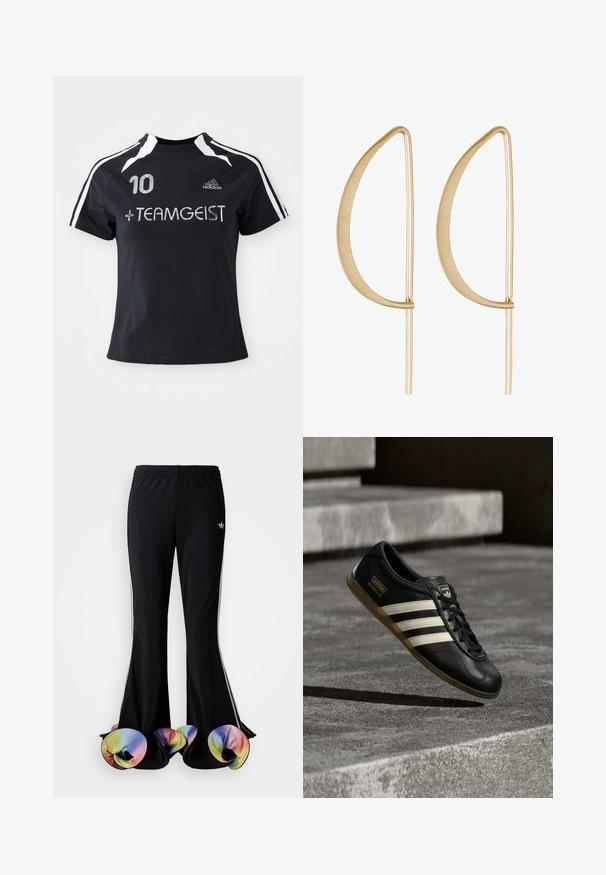 Schwarzes Kurzarmtrikot mit weißen Streifen, auf der Vorderseite ist die Nummer "10" und "+ TEAMGEIST" gestickt. Hergestellt aus einem weichen, atmungsaktiven Material.; Schwarze Sporthosen mit weit ausgestelltem Design. Sie haben farbenfrohe, gerüschte untere Säume und weiße Seitenstreifen. Hergestellt aus dehnbarem Stoff.; Schwarzer Leder-Sneaker mit weißem Drei-Streifen-Design, strukturierten Akzenten, schwarzen Schnürsenkeln und einer Gummisohle. Markenlogo auf der Zunge sichtbar.; Goldene Metallohrringe mit einer geschwungenen, länglichen Blattform. Die Oberfläche ist glatt und matt und weist dünne horizontale Akzente auf.
