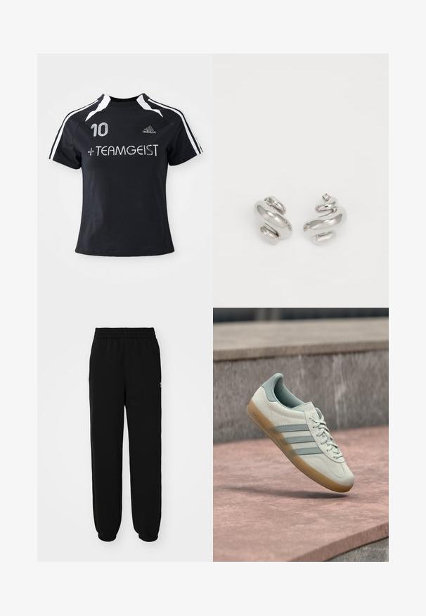 Must must sleevesega jersy, millel on valged triibud, esiküljel on broderitud number "10" ja "+ TEAMGEIST". Valmistatud pehmest ja hingavast materjalist.; Mustad mustad püksid elastse vöökohtaga, küljetaskudega ja elastsete mansettidega pahkluude juures. Valmistatud pehmest kangast, millel on lihtne disain.; Helebeežist beežikad triibudega sinistel aktsentidel, millel on kolm külgtriipu, tekstuurse kummipõhjaga ja lamedate paeltega. Mudelinimi "Gazelle" on nähtav.; Hõbedased rõngastooted spiraalkujundusega. Sile ja peegeldav pind väikeste aktsentkumerustega. Kompaktne kuju, mis sobib mugavaks kandmiseks.
