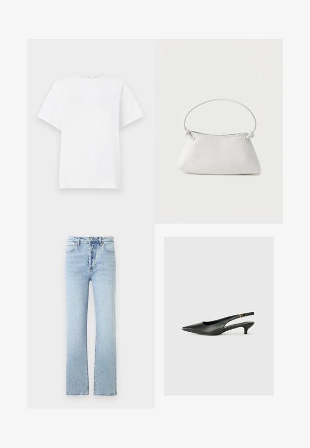 Camiseta blanca de manga corta hecha de algodón. Presenta un cuello redondeado, un corte relajado y una textura suave sin patrones ni acentos.; Vaqueros de mezclilla de color azul claro con un diseño de pierna recta, que presentan una cintura alta, un estilo clásico de cinco bolsillos y un sutil desvanecimiento.; Zapato de tacón slingback negro de punta afilada, hecho de cuero suave. Presenta un tacón delgado y un detalle de hebilla en la correa ajustable.; Bolso de mano de cuero blanco tejido con asa redondeada y extremos de la correa anudados, exhibido sobre un fondo liso.