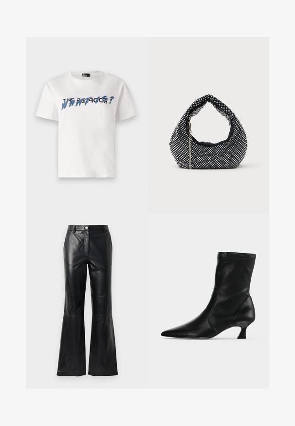 T-shirt en coton blanc à manches courtes et col rond. Comprend un graphique textuel bleu et noir avec l'inscription "LE 27 PROBLÈME ?" en lettres majuscules.; Pantalons en faux cuir noir avec taille haute, fermeture à boutons, passants de ceinture et jambes évasées sur fond blanc.; Botte mi-mollet en cuir noir avec bout pointu et petit talon kitten, vue de profil sur un fond clair uni.; Sac à main en maille noire orné de clous en argent, avec une poignée incurvée et une bandoulière en chaîne. Texture douce avec une forme arrondie.