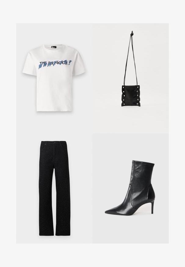 T-shirt en coton blanc à manches courtes et col rond. Comprend un graphique textuel bleu et noir avec l'inscription "LE 27 PROBLÈME ?" en lettres majuscules.; Pantalon en denim noir avec une coupe droite, présentant un motif texturé de petits points et cinq poches, y compris à l'avant et à l'arrière.; Bottes noires à la cheville en cuir lisse, dotées d'un bout pointu, d'un tige ajustée et d'un talon haut fin. Design minimaliste sans quincaillerie visible.; Sac bandoulière en cuir noir avec un design texturé et froncé. Équipé d'œillets en ton argent et d'une sangle nouée pour une longueur ajustable.