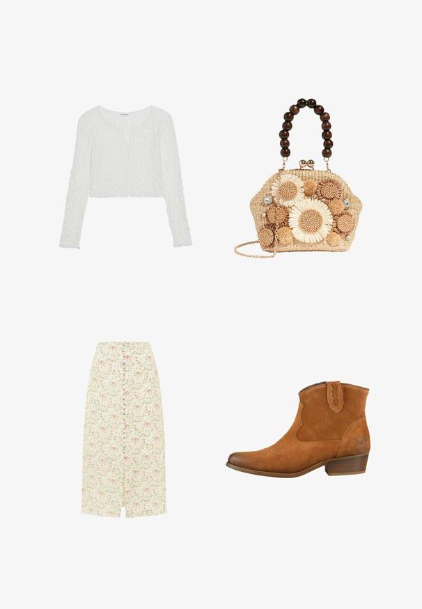 Even&Odd by Zalando T-shirt à manches longues - off white; Jupe midi crème claire à motif floral rose et jaune, boutons recouverts à l’avant et petite fente devant.; Bottines en cuir suédé beige avec un bout pointu, des coutures décoratives et un petit talon empilé. Présente une languette avec un bord en zigzag.; Sac à main en paille tissée avec une grande anse composée de grosses perles en bois foncé, décorations florales au crochet, pompons, strass et une bandoulière chaîne dorée.