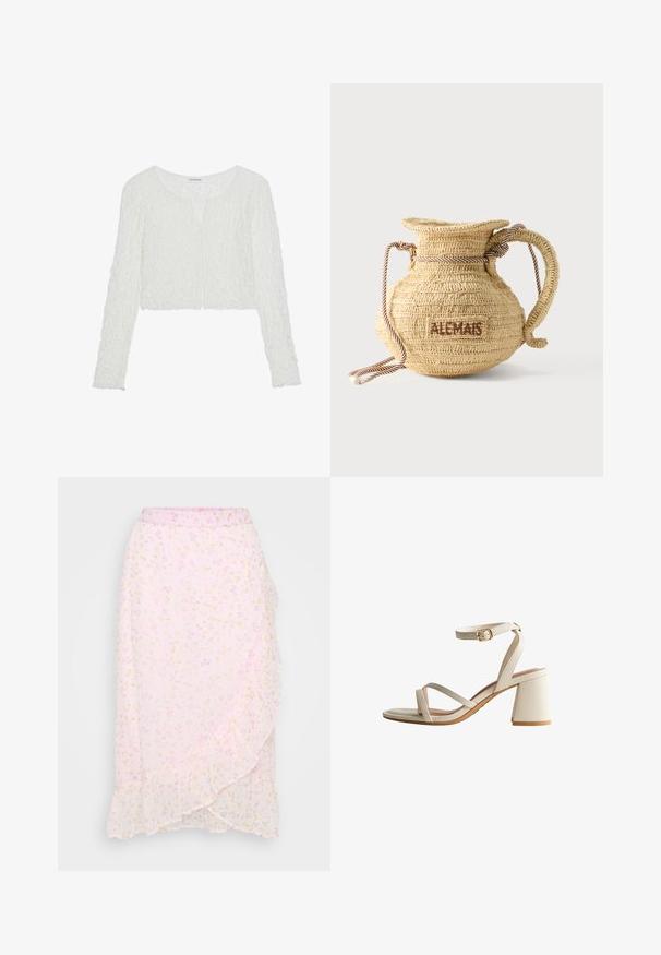 Even&Odd by Zalando T-shirt à manches longues - off white; Vero Moda Petite VMSMILLA WRAP SKIRT - Jupe trapèze - pink a boo/aura; Sandale à talons beige avec deux sangles croisées et boucle à la cheville. Talon carré et texture lisse avec une finition semi-mate.; Sac à main rond en paille tissée avec une anse en corde et "ALEMAIS" brodé sur le côté en fil marron.