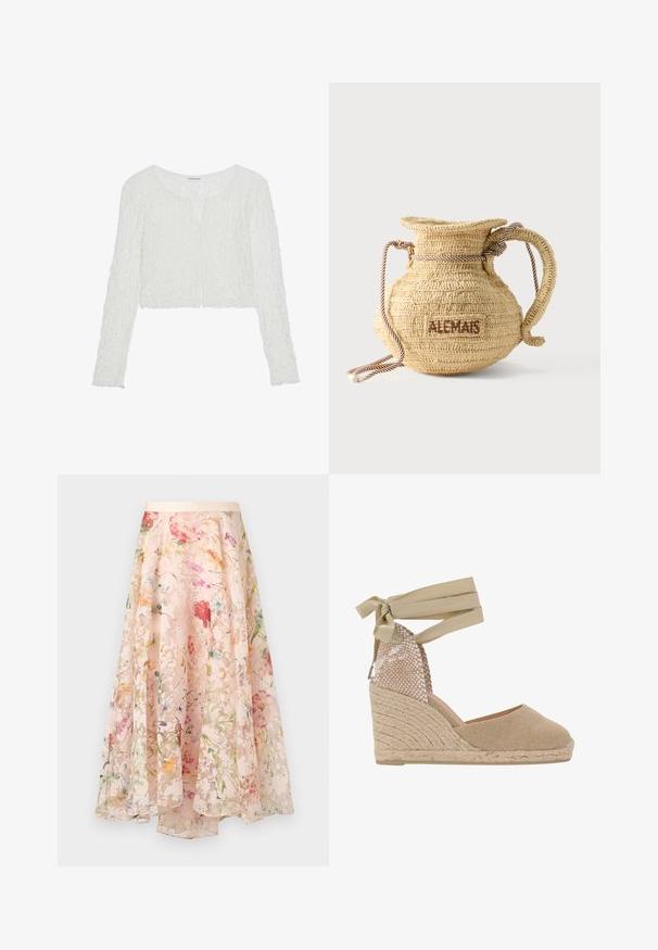 Even&Odd by Zalando T-shirt à manches longues - off white; Jupe midi rose clair à fleurs avec un tissu en chiffon fluide et superposé, une ceinture douce, et des motifs floraux multicolores.; Sandale compensée espadrille beige avec un dessus en tissu tissé texturé, des lacets à nouer autour de la cheville et une semelle plateforme en jute.; Sac à main rond en paille tissée avec une anse en corde et "ALEMAIS" brodé sur le côté en fil marron.