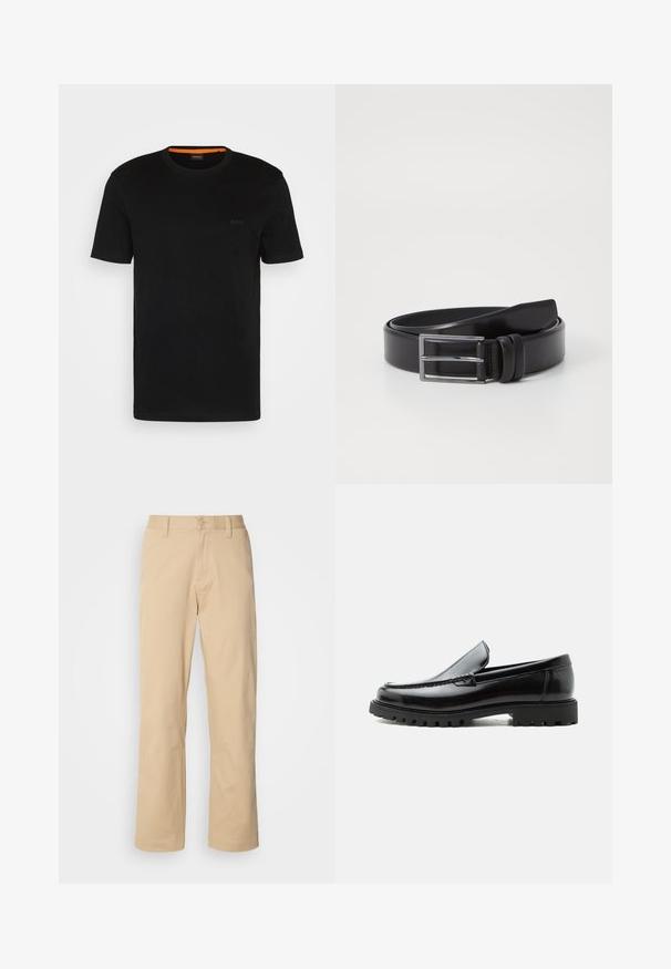 Zwarte korte mouwen t-shirt gemaakt van zachte stof, met een ronde halslijn en een subtiel logo op de voorkant. Binnenkant van de kraag heeft een oranje accent.; HUGO ZAYN - Broek - medium beige; Zwarte leren loafer met dikke rubberen zool, gestikte bovenkant en gegraveerde merknaam op de hiel, zijaanzicht op witte achtergrond.; Zwarte leren riem met een gladde textuur, voorzien van een zilveren rechthoekige gesp en dubbele spijpdetail. Tijdloos en veelzijdig ontwerp.