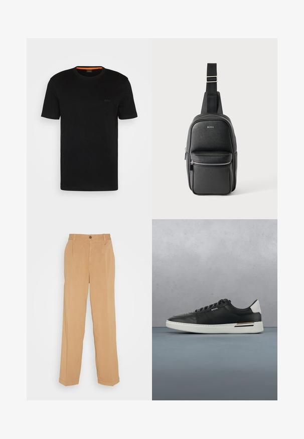 T-shirt noir à manches courtes fabriqué en tissu doux, avec un col rond et un logo discret à l'avant. Le col intérieur comporte un accent orange.; Pantalons larges beiges en tissu doux, dotés de deux poches avant, d'une fermeture à bouton et de plis le long des jambes.; Sneaker en cuir noir avec semelle blanche, présente des perforations, un design à lacets, logo sur le côté et détail de talon contrasté en blanc et marron.; Sac bandoulière en cuir noir avec sangle réglable, poche avant zippée et logo « BOSS » sur une surface lisse et texturée.
