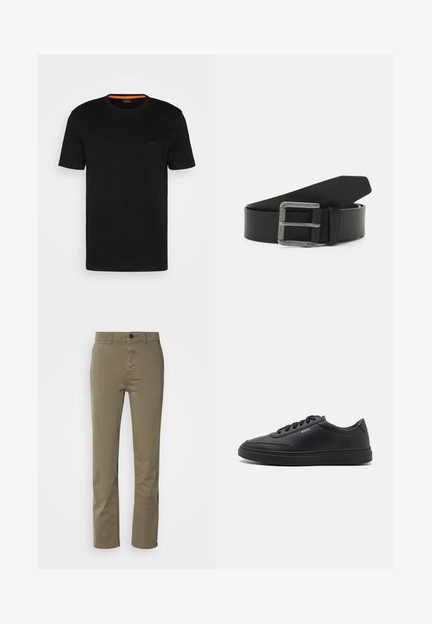 T-shirt noir à manches courtes fabriqué en tissu doux, avec un col rond et un logo discret à l'avant. Le col intérieur comporte un accent orange.; Pantalon en coton vert olive à coupe droite, doté d'une fermeture à bouton et de poches avant. Texture lisse sans motifs visibles.; Baskets en cuir noir avec une texture lisse, bout rond, semelle en caoutchouc plate et lacets ton sur ton. Présente une marque "BOSS" dorée sur le côté.; Ceinture en cuir noir avec une boucle en métal argenté rectangulaire. Elle présente une texture lisse et un design simple, avec une extrémité pointue.