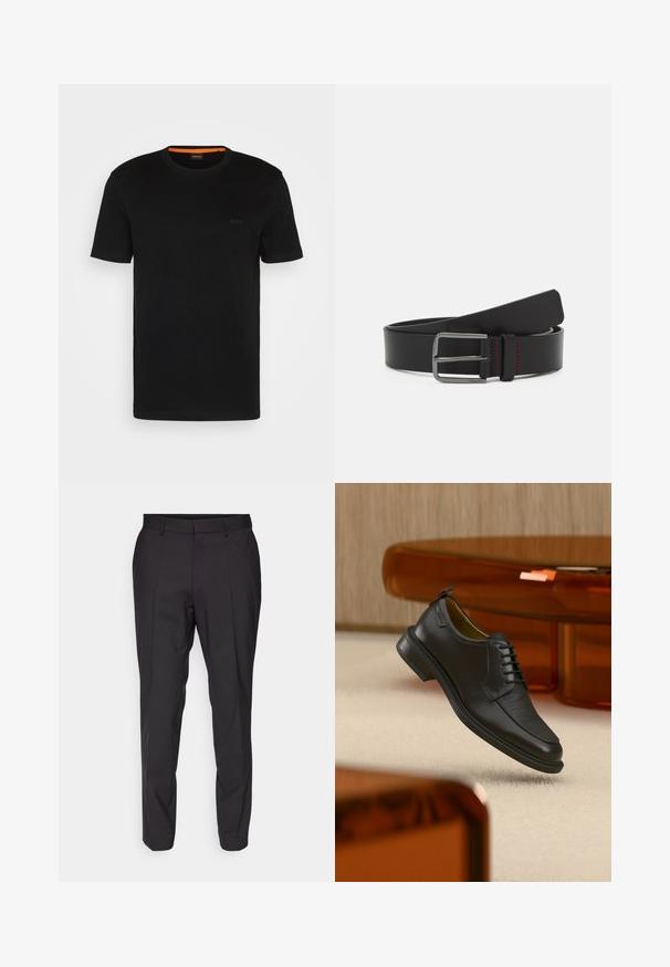 T-shirt noir à manches courtes fabriqué en tissu doux, avec un col rond et un logo discret à l'avant. Le col intérieur comporte un accent orange.; Pantalons noirs sur mesure avec une coupe droite, présentant un devant plat, des passants de ceinture et une texture lisse. Pas de motifs ou d'accents visibles.; Chaussure habillée noire en cuir à lacets avec devant texturé, flottant au-dessus d'un tapis beige dans une pièce moderne avec des meubles teintés d'ambre.; Ceinture en cuir noir avec un design plat, boucle métallique et détail de couture rouge. Texture lisse et extrémités arrondies.