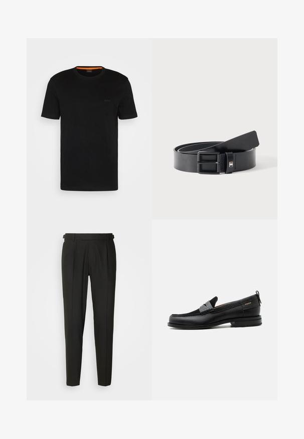 T-shirt noir à manches courtes fabriqué en tissu doux, avec un col rond et un logo discret à l'avant. Le col intérieur comporte un accent orange.; Pantalons noirs sur mesure avec un devant plat, deux plis, passants de ceinture et une coupe droite. Fabriqués en tissu lisse et léger.; Mocassin en cuir noir avec détail de bride grise, talon bas et semelle texturée, marqué "HUGO" en or sur le côté.; Ceinture en cuir noir avec boucle métallique noire mate, légèrement enroulée avec l'extrémité de la lanière reposant sur une surface blanche.