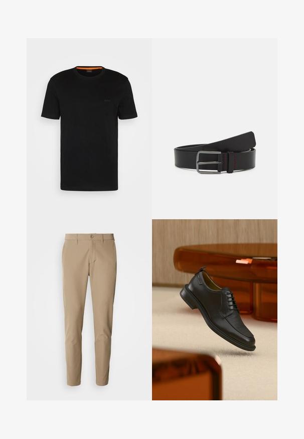 Camiseta negra de manga corta hecha de una tela suave, con un escote redondo y un logo discreto en la parte delantera. El interior del cuello tiene un acento naranja.; Pantalones beige de tela suave con corte recto, con cierre de botón y bolsillos frontales, acompañados de pasadores para cinturón.; Zapato de vestir negro de piel con cordones y parte delantera texturizada, flotando sobre una alfombra beige en una habitación moderna con muebles de tono ámbar.; Cinturón de cuero negro con un diseño plano, hebilla metálica y detalle de costura roja. Textura suave y extremos redondeados.