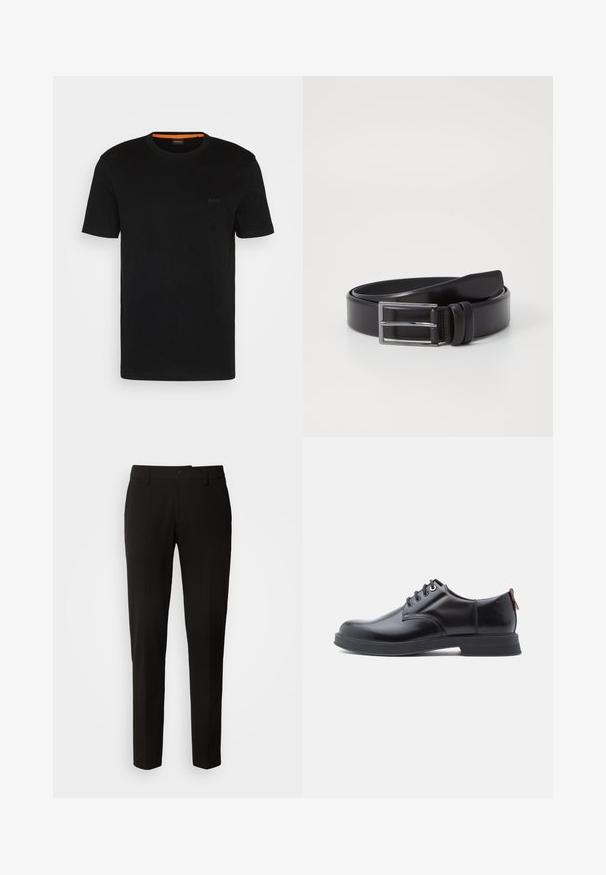 Camiseta negra de manga corta hecha de una tela suave, con un escote redondo y un logo discreto en la parte delantera. El interior del cuello tiene un acento naranja.; Pantalones negros con un diseño de pierna recta, con cierre de botón, trabillas para cinturón y una textura de tela suave. Sin patrones ni acentos visibles.; Zapatos de piel negra con cordones, textura lisa, puntera redondeada y detalles sutiles de costura. Cuentan con una lengüeta roja en el talón.; Cinturón de cuero negro con una textura lisa, que presenta una hebilla rectangular de plata y un detalle de doble pasador. Diseño clásico y versátil.