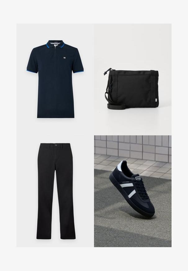 Polo de color azul marino hecho de tejido suave, con cuello con cremallera, mangas cortas con acentos azules y un pequeño logo en el pecho.; Pantalones negros exhibidos sobre un fondo blanco, con un diseño de pierna recta y un cierre de botón en la cintura.; Zapatilla de cuero negra con rayas blancas, suela de goma texturizada y parte frontal con cordones. Cuenta con una etiqueta de marca en la lengüeta.; Bolsa de hombro de tela negra con exterior texturizado, correa ajustable y cierre de cordón. Presenta costuras llamativas y una etiqueta lateral.