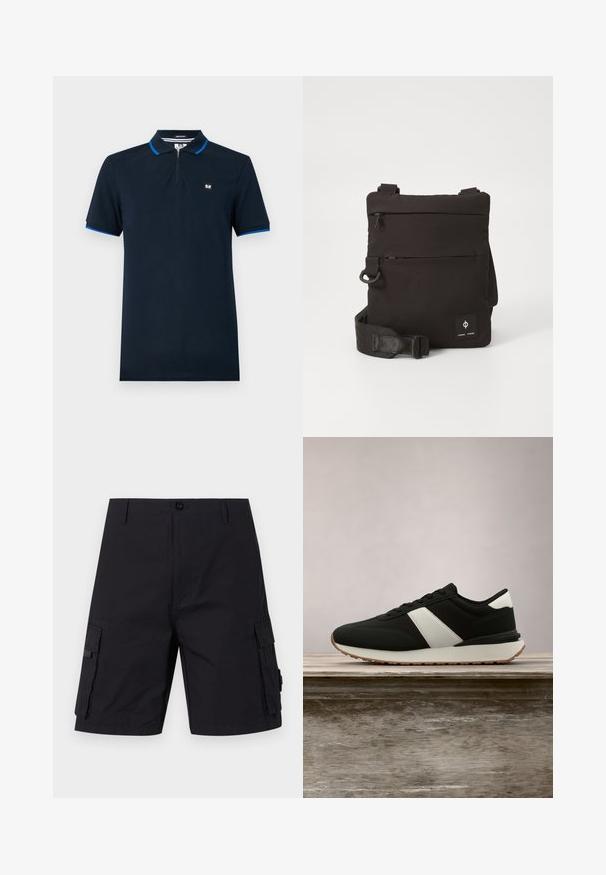 Navy-blaues Poloshirt aus glattem Stoff, mit einem Reißverschlusskragen, kurzen Ärmeln mit blauen Akzenten und einem kleinen Logo auf der Brust.; Schwarze Cargoshorts mit geradem Schnitt, aus strapazierfähigem Gewebe. Verfügt über zwei Seitentaschen und einen Knopfverschluss.; Schwarze Sportschuhe aus glattem Stoff mit einem weißen Streifen und einer kontrastierenden braunen Gummisohle. Sie liegen auf einer Holzoberfläche.; Kompakte schwarze Umhängetasche mit verstellbarem Schultergurt, zwei horizontalen Reißverschlusstaschen und einem kleinen Markenlogo-Patch unten rechts auf der Vorderseite.