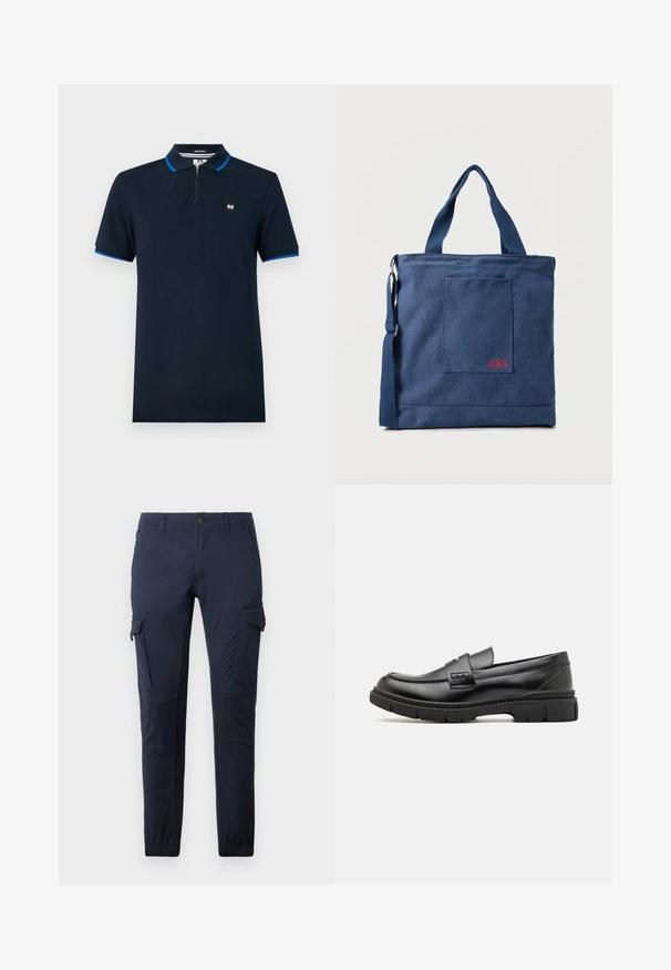Marineblauwe polo-shirt van gladde stof, met een ritskraag, korte mouwen met blauwe accenten en een klein logo op de borst.; Marine cargo shorts gemaakt van duurzame stof, met meerdere zakken, een tailleband met een knoop en elastische boorden bij de enkels.; Zwarte leren instapper met een brede band over de voet, rubberen zool met dikke noppen en een gladde textuur. Klassiek, strak ontwerp.; Blauwe canvas tas met voorvak en rode "O.N.S" borduring, voorzien van dubbele handvatten en een verstelbare schouderriem.