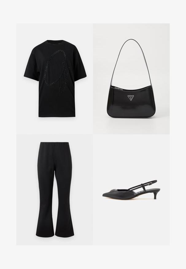 T-shirt noir en coton, avec un grand graphisme pailleté noir scintillant en forme de "G" stylisé. Manches courtes, coupe décontractée.; Pantalon évasé taille haute noir avec une partie supérieure ajustée et un ourlet large, en tissu lisse, présenté sur un fond clair uni.; Chaussures noires à talon slingback avec un bout pointu, en matériau lisse, dotées d'un petit talon et d'un accent décoratif en argent sur le dessus.; Sac à épaule en cuir verni noir avec une forme incurvée, présentant un logo triangle en argent et une fermeture éclair. Texture lisse et bandoulière fine.