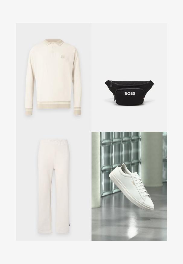 Beige langärmeliges Poloshirt aus strukturiertem Strick mit einem geknöpften Kragen sowie Streifen am Saum und an den Bündchen. Verfügt über dezente Markenkennzeichnung auf der Brust.; Beige Baumwoll-Sweatpants mit elastischem Bund und besticktem Logo. Gerades Bein-Design mit glatter Textur und dezenten Nähten.; Weißer Leder-Low-Top-Sneaker mit Schnürsenkeln, schwarzer Fersenschlaufe und „BOSS“-Logo, der drinnen nahe einer Glassteinwand und einem polierten Boden schwebt.; Schwarze Stoff-Gürteltasche mit einem vorderen Reißverschlussfach, großem Hauptfach und weißem "BOSS"-Logo auf der Vorderseite. Glatte Textur, strukturierte Form.