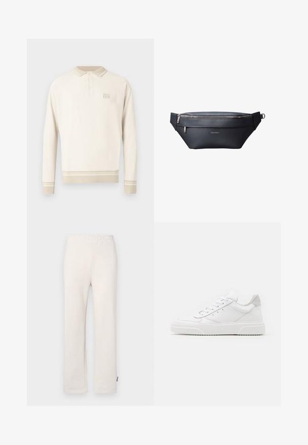 Beige poloshirt met lange mouwen van een gestructureerde tricot, een geknoopt kraagje en strepen aan de zoom en manchetten. Heeft een subtiel merklogo op de borst.; Beige katoenen trainingsbroek met een elastische tailleband en geborduurd logo. Rechtaan ontwerp met een gladde textuur en subtiele stikdetails.; Witte leren sneakers met een gladde afwerking, ronde neus, platte veters en een gestructureerde zool. Grijze suède accent bij de hiel.; Zwarte leren Calvin Klein heuptas met twee compartimenten met rits en een verstelbare band met metalen gesp.