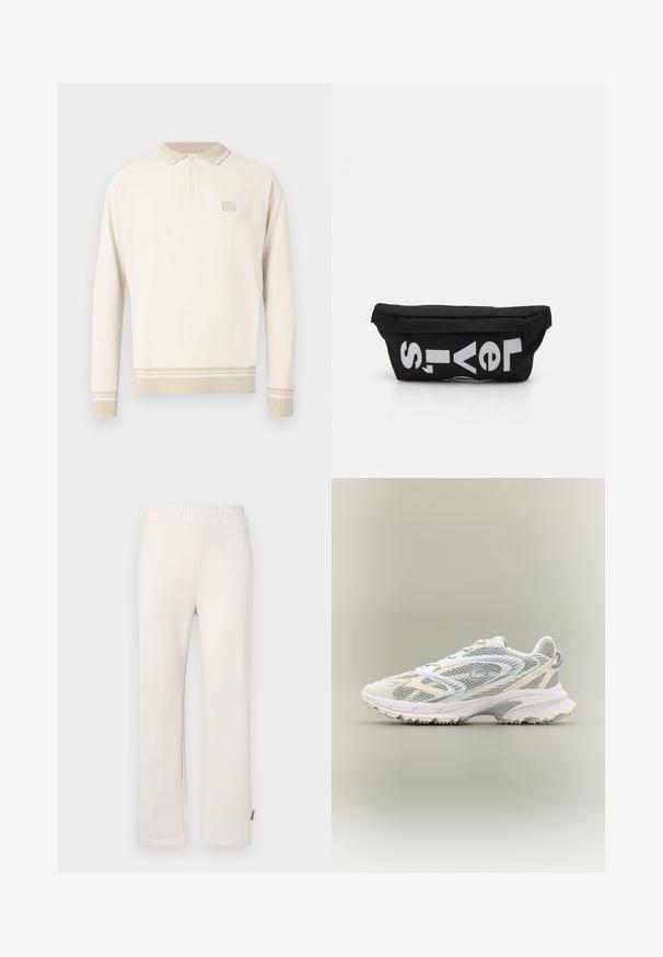 Beige poloshirt met lange mouwen van een gestructureerde tricot, een geknoopt kraagje en strepen aan de zoom en manchetten. Heeft een subtiel merklogo op de borst.; Beige katoenen trainingsbroek met een elastische tailleband en geborduurd logo. Rechtaan ontwerp met een gladde textuur en subtiele stikdetails.; Witte sportschoen met grijze netpanelen, gestructureerde overlays, een gepolsterde kraag en een rubberen zool met kleine tractiespitten.; Zwarte stoffen tas met een platte vorm, voorzien van vet witte tekst. De ritssluiting bevindt zich aan de bovenkant, met een lus-detail aan één kant.