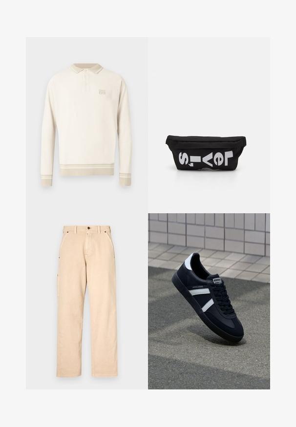 Polo de manga larga de color beige con tejido de punto texturizado, cuello con botones y rayas en el dobladillo y los puños. Presenta una sutil marca en el pecho.; Pantalones de algodón beige con corte de pierna recta, que cuentan con bolsillos laterales, pasadores para cinturón y cierre delantero con botón. Textura suave, diseño minimalista.; Zapatilla de cuero negra con rayas blancas, suela de goma texturizada y parte frontal con cordones. Cuenta con una etiqueta de marca en la lengüeta.; Bolsa de tela negra con forma plana, que presenta texto blanco en negrita. El cierre de cremallera se encuentra en la parte superior, con un detalle de asa en un lado.