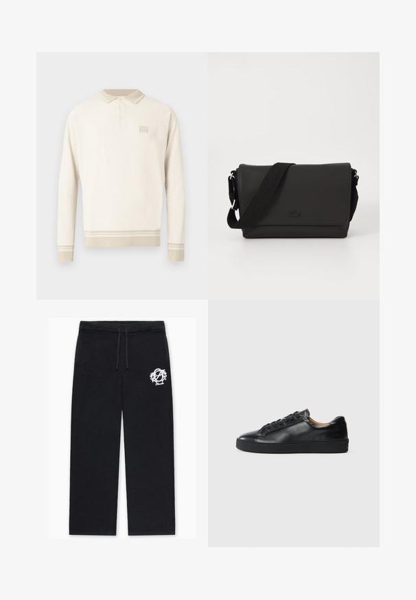Beige langärmeliges Poloshirt aus strukturiertem Strick mit einem geknöpften Kragen sowie Streifen am Saum und an den Bündchen. Verfügt über dezente Markenkennzeichnung auf der Brust.; Schwarze gestrickte Hose mit lockerem Schnitt, ausgestattet mit einem Kordelzugbund und einem weißen, auf den linken Oberschenkel gestickten Logo.; Schwarze Leder-Sneaker mit glatter Textur, runder Zehenpartie und Schnürverschluss. Verfügt über eine dicke Gummisohle und minimalistische Marken-Details.; Lacoste MESSENGER BAG MEN CLASSIC - Umhängetasche - noir