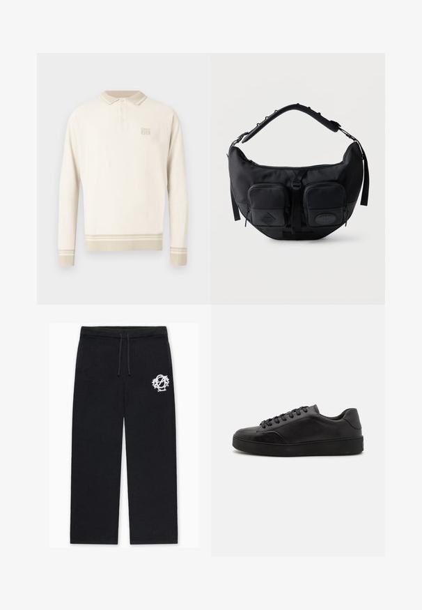 Beige langærmet polo med tekstureret knit, knappet krave og striber ved kant og manchetter. Har diskret branding på brystet.; Sorte strikkede bukser med en afslappet pasform, med snøre i taljen og en hvid broderet logo på venstre lår.; Sorte lædersneakers med rund tå, flad sål og traditionel snøring. Har en glat tekstur og diskrete detaljer på siden.; Sort skuldertaske i halvmåneform med polstret justerbar rem og to lynlåslommer foran med trækflapper.