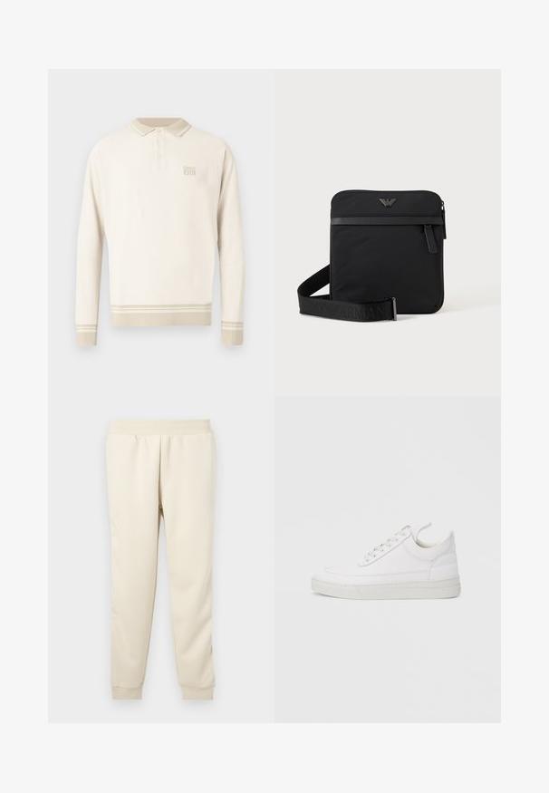 Polo de manga larga de color beige con tejido de punto texturizado, cuello con botones y rayas en el dobladillo y los puños. Presenta una sutil marca en el pecho.; Pantalones de chándal beige claro hechos de una tela suave, con un diseño ajustado, cinturilla elástica y puños en los tobillos. Sin patrones ni acentos visibles.; Zapatilla blanca de cuero con punta redondeada, suela plana y cierre de cordones. Presenta detalles de costuras y un cuello acolchado para mayor comodidad.; Bolso de hombro negro cuadrado con cierre de cremallera, bolsillo delantero y correa ajustable con nombre de marca en relieve.