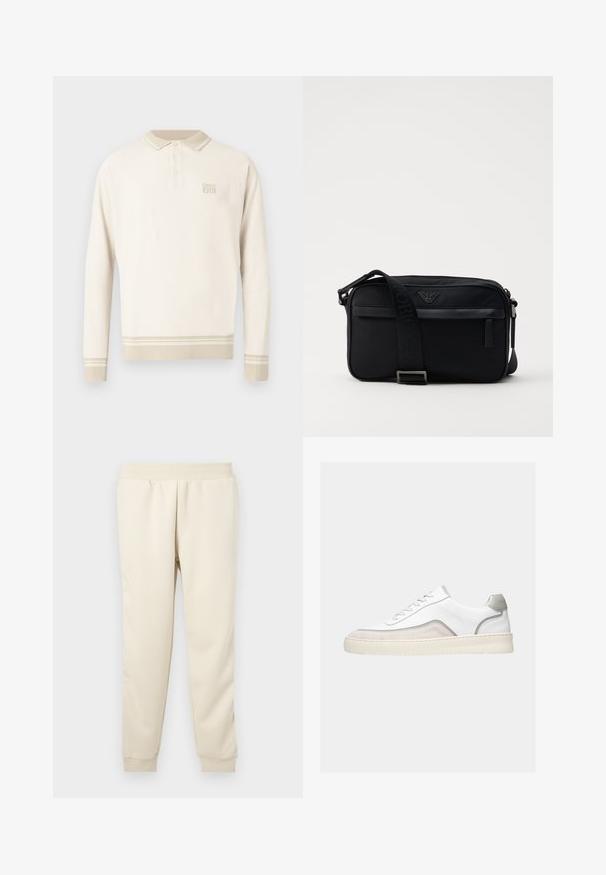 Beige poloshirt met lange mouwen van een gestructureerde tricot, een geknoopt kraagje en strepen aan de zoom en manchetten. Heeft een subtiel merklogo op de borst.; Lichtbeige sweatpants gemaakt van zachte stof met een taps toelopend ontwerp, elastische tailleband en boorden bij de enkels. Geen zichtbare patronen of accenten.; Witte lage sneaker met beige suède accenten, grijze rand, witte veters en een dikke off-white rubberen zool, zijaanzicht op een lichte achtergrond.; Zwarte nylon schoudertas met een contrasterende schouderband, een slank rechthoekig ontwerp, een logo-detail en een ritszak aan de voorkant.