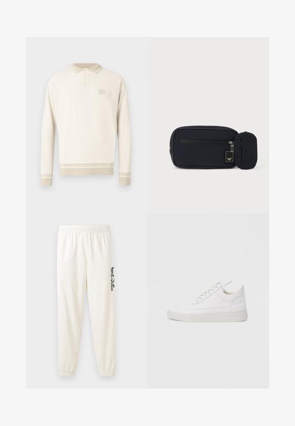 Beige langärmeliges Poloshirt aus strukturiertem Strick mit einem geknöpften Kragen sowie Streifen am Saum und an den Bündchen. Verfügt über dezente Markenkennzeichnung auf der Brust.; Helle beige Sweatpants mit einem elastischen Bund und elastischen Bündchen. Mit einem schwarzen Logo-Druck auf dem linken Bein. Weicher Stoff. ; Weißer Ledersneaker mit abgerundetem Zehenbereich, flacher Sohle und Schnürverschluss. Verfügt über Nahtdetails und einen gepolsterten Kragen für zusätzlichen Komfort.; Schwarzes rechteckiges Täschchen mit Frontreißverschluss und kleinem angebrachtem rundem Täschchen vor einem schlichten hellen Hintergrund.