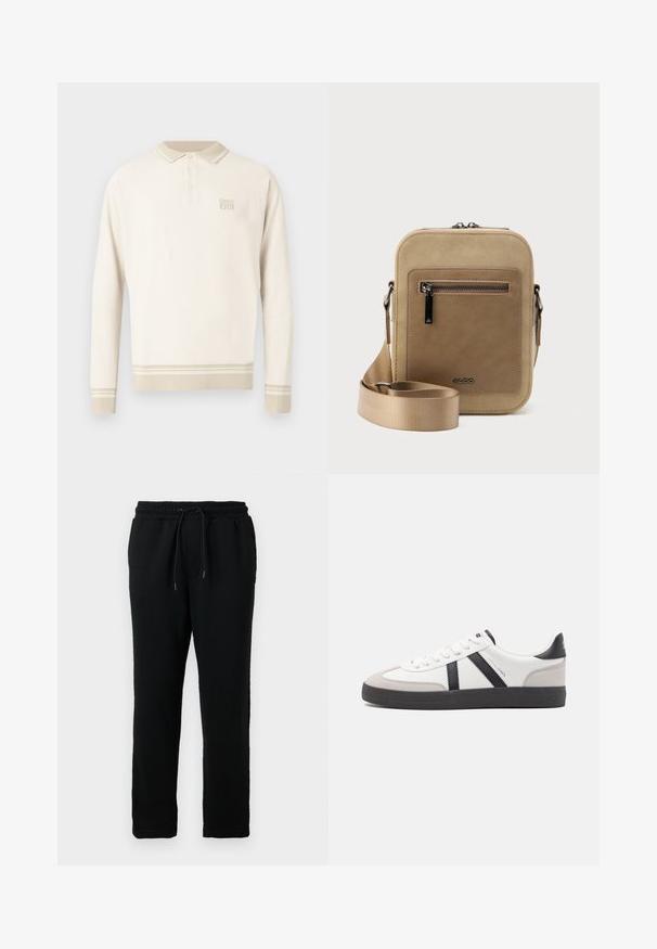 Beige langärmeliges Poloshirt aus strukturiertem Strick mit einem geknöpften Kragen sowie Streifen am Saum und an den Bündchen. Verfügt über dezente Markenkennzeichnung auf der Brust.; Schwarze Baumwoll-Sweatpants mit elastischem Bund, einer Kordel zur Verstellung und einem schmal zulaufenden Bein-Design. Glatte Textur und keine sichtbaren Muster.; Weiße Sneaker mit schwarz- und grau-aczenten, ausgestattet mit einer strukturierten grauen Zehenkappe, schwarzer Gummi-Sohle und flachen weißen Schnürsenkeln. Sauberes Design, minimalistische Stil.; Kleine beige Umhängetasche mit vorderer Reißverschlusstasche, metallischem ALDO-Logo, verstellbarem breitem Riemen und abgerundeter rechteckiger Form vor weißem Hintergrund.