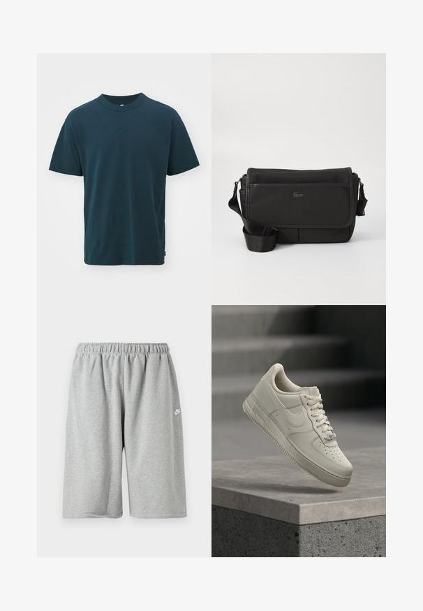 Nike Sportswear T-paita - armory navy; Harmaat puuvillashortsit, joissa on joustava vyötärönauha, väljähkö istuvuus ja pieni valkoinen logohelman lähellä. Sileä pinta, pituus polven yläpuolella.; Yksi beige nauhallinen lenkkari leijuu harmaan betonipinnan yläpuolella, Nike-logo näkyvissä, portaiden tausta on sumea.; Musta viestintälaukku, joka on valmistettu teksturoidusta nylonnista, jossa on etutasku, säädettävä olkahihna ja pieni logokiinnitys. Sisältää kaksi vetoketjullista osastoa.