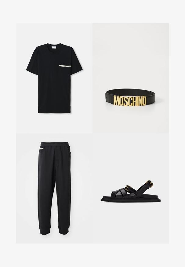 Mustmust värvi puuvillane T-särk lühikeste varrukatega, ümmargune kaelus ning vasakul pool tasku, millel on valge triip ja logo detail.; Must have pehmed mustamisk kangast, elastse vöökoha, külgtaskute ja soonikkinnastega pahkluude juures. Minimalistlik disain.; Mustast nahast sandaal risti üle käivate rihmade ja kahe kuldse pandlaga kinnitusega lamedal tallal, esitatud külgvaates valge tausta ees.; Must kollane nahkvöö, millel on suur kuldne "MOSCHINO" logo pandla, sile tekstuur, reguleeritav suurus ja minimalistlik disain.