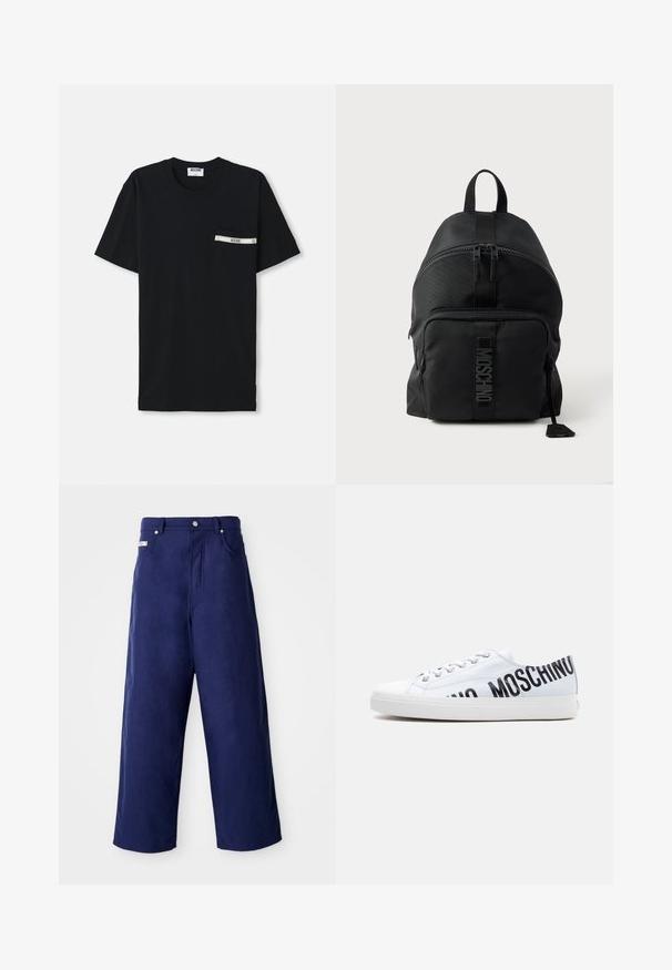 Camiseta de algodón negra de manga corta, con cuello redondo y un bolsillo en el lado izquierdo que presenta una raya blanca y un detalle de logo.; Pantalones de pierna ancha en azul marino, fabricados en una tela suave. Cuentan con un cierre de botón y bolsillos frontales, con un acabado limpio y sin patrones visibles.; Zapatilla blanca de corte bajo con el logo "MOSCHINO" en negro en el lateral y cordones blancos, sobre un fondo liso de color gris claro.; Mochila negra Moschino con asa superior, bolsillo frontal con cremallera y logo visible en la correa del bolsillo frontal sobre un fondo claro y liso.